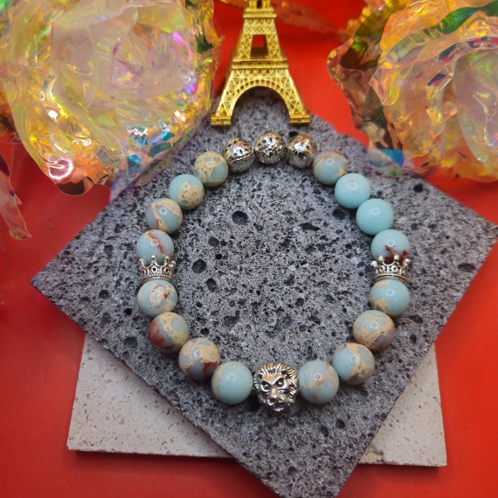 NEW Jasper Beaded Bracelet Natural Stone Lion Head Crown Silver Accent Handmade